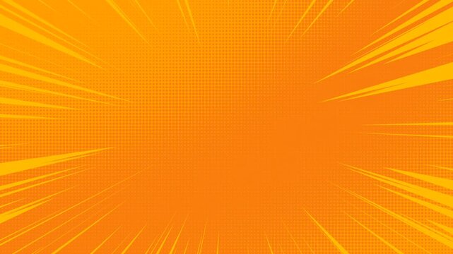 Yellow cartoon comic light radial lines animation with orange halftone dot texture background