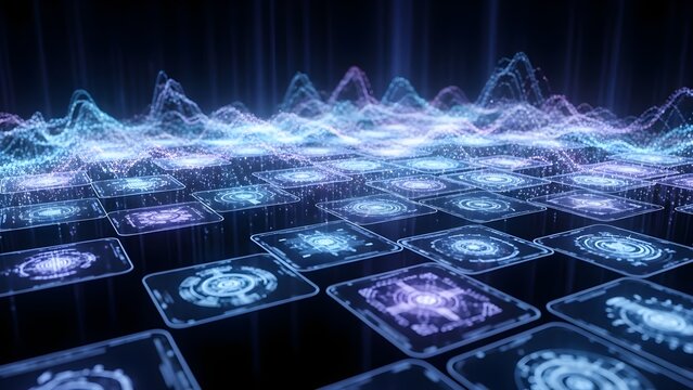 Abstract digital visualization of glowing sound waves and holographic interfaces on a grid, 12K resolution