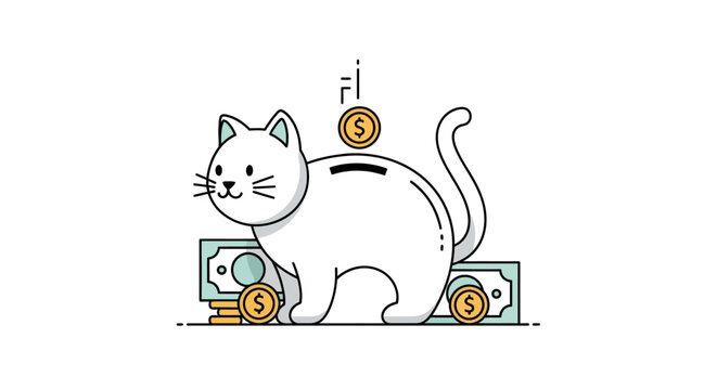 Modern cat bank vector illustration, stylized cat shaped savings icon, financial deposit and earnings sign, economy and budgeting pictogram, minimal flat outline design with smooth thin lines, cute ye