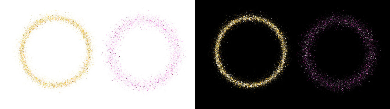 PNG image of&nbsp;Two shimmering circular frames made of gold and pink glitter particles create magical borders on transparent background