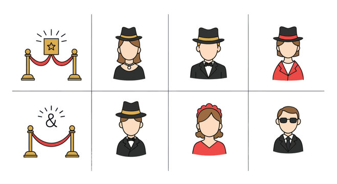 Flat icons of celebrities, red carpet, and bodyguards in elegant attire for event and entertainment design
