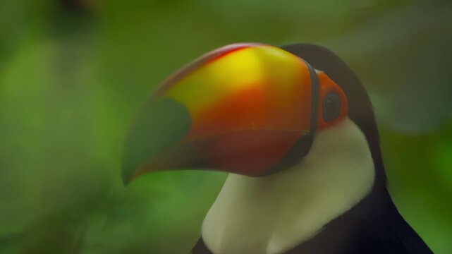 Extreme Close-Up of Toco Toucan (Ramphastos toco) &ndash; Vibrant Beak Detail with Green Natural Background