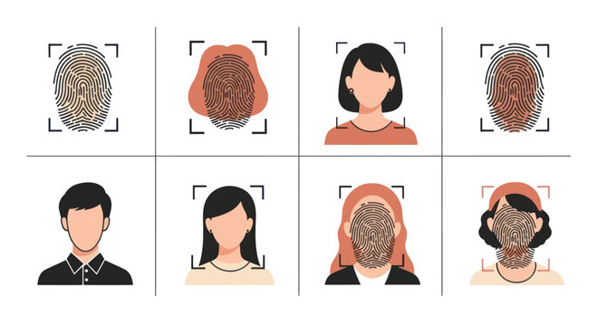 Biometric identification concept with fingerprint and facial recognition icons representing digital security and user authentication technology