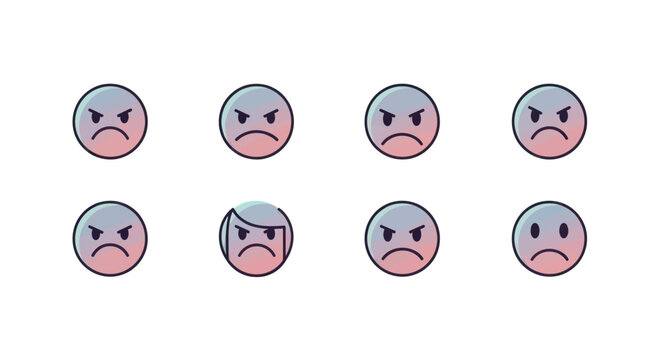 Set of angry emoticons with frowning and angry facial expressions in flat style for social media and digital communication