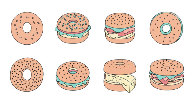 Hand-drawn cartoon bagels and bagel sandwiches with various toppings including cheese, lettuce, and bacon, perfect for food or breakfast themed designs
