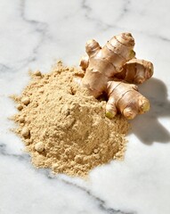 Fototapeta premium Fresh Ginger Root and Powder on Marble Surface, Spice Ingredient