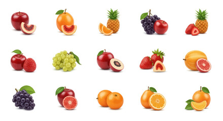 Fototapeta premium Set of fresh mixed fruits including apples, grapes, pineapple, strawberries, oranges and exotic varieties, isolated on white background for healthy food projects