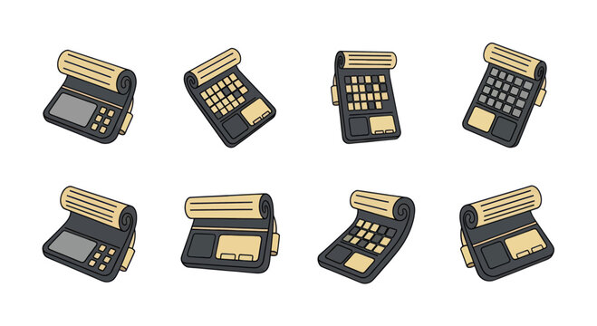 Vintage adding machine calculator with paper roll flat icons set, retro accounting device collection, finance calculator illustrations for business use