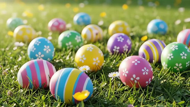 Easter Eggs multi colored easter eggs on grass easter day video celebration
