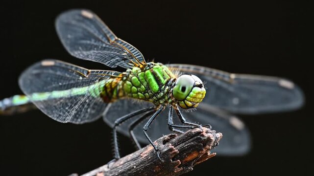 A vibrant green dragonfly perches on a branch against a dark background.