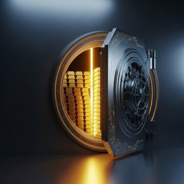 A futuristic metallic vault door from a space era facility slowly opens, revealing an incredible treasure of bright, glowing gold bullion stacks within, vault, assets, space