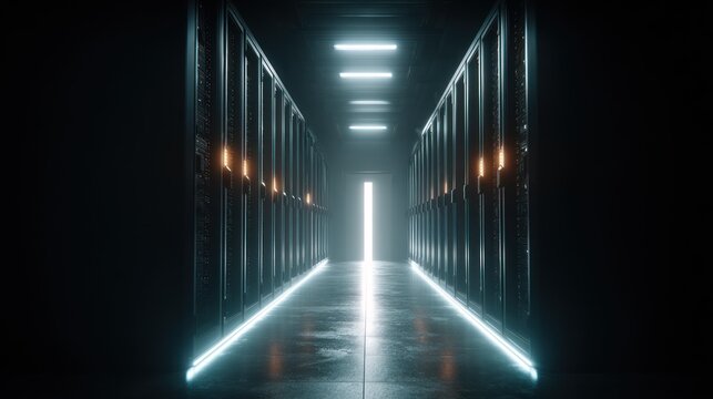 Tall rows of electronic equipment cabinets line a dimly lit corridor with bright lights at the far end.