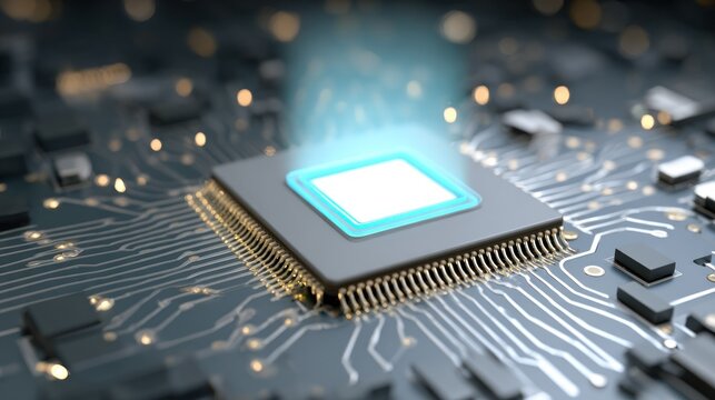 Illuminated central processing unit glowing brightly atop complex electronic circuitry