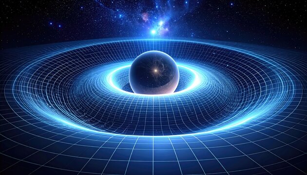 Artistic depiction of spacetime curvature around a massive celestial body, with grid distortion
