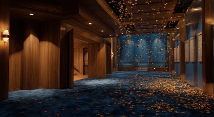 Fototapeta premium An interior walkway with wooden paneling, blue carpet, and falling golden leaves