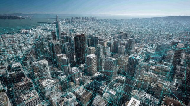 Aerial perspective shows a sprawling metropolitan area overlaid with a glowing digital network structure