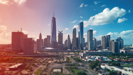 Fototapeta premium Modern city skyline with glass skyscraper towers at sunset evoking calm warmth
