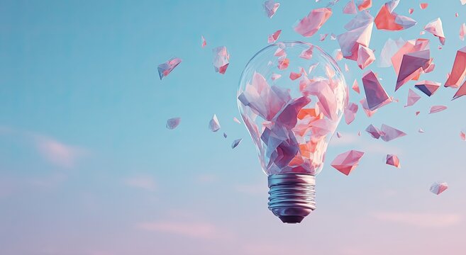 Shattered light bulb exploding into colorful fragments against a pastel sky