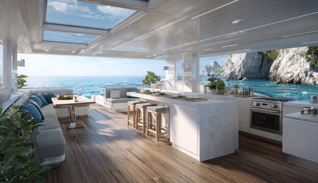 Luxurious yacht deck lounge with open kitchen, ocean view, and rocky island backdrop