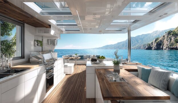 Luxury yacht's open-air galley and dining area with ocean and cliff views