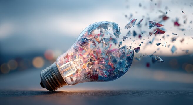 Exploding lightbulb shatters, scattering colorful fragments in a dynamic display
