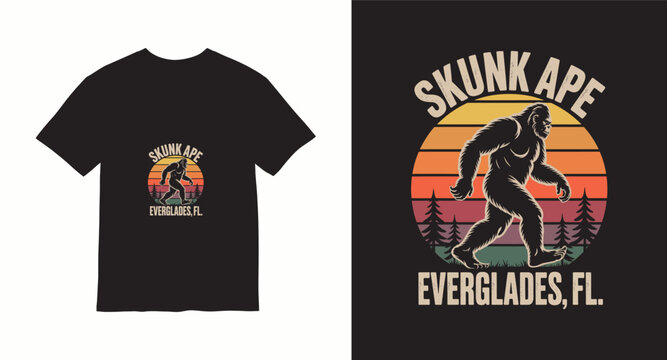 Skunk ape everglades florida vintage sunset bigfoot walking through forest t-shirt graphic