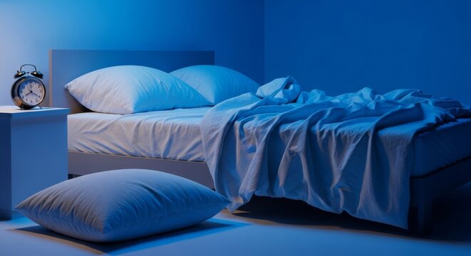 An empty rumpled bed sits under a cold blue light with a ticking alarm clock and scattered pillows representing a long night of sleeplessness, frustration, dreaming, insomnia