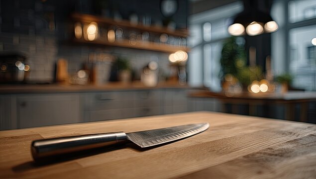 A close-up view of a sharp kitchen knife resting on a wooden countertop