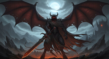 Obraz premium Digital 2D drawing of a slender demonic figure with dark eyes wearing a cloak and holding a weapon with wings visible