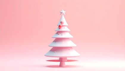 Obraz premium Stylized, pastel-colored Christmas tree with minimalist design, adorned with ornaments and a star, set against a soft, pink background