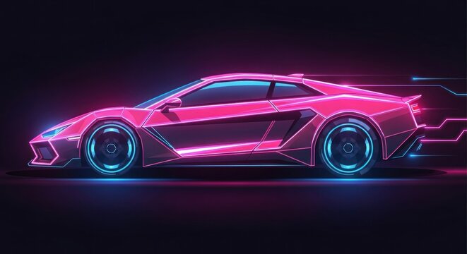 Futuristic neon car in a cyberpunk style, displayed on a dark background, illuminated with vibrant pink and blue glowing lines.
