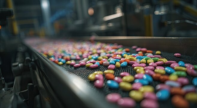 Colorful candy pieces moving along a conveyor belt in a factory
