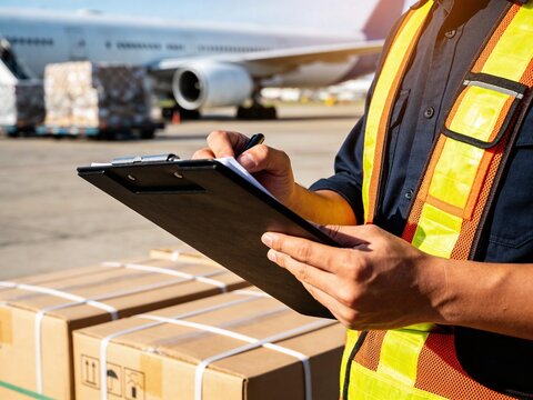 A cargo handler reviews documents on a clipboard at an airport, with an aircraft and packages ready for shipment.