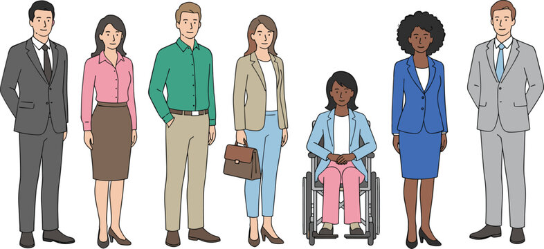 Diverse business professionals and office team including a wheelchair user wearing suits and smart casual attire for corporate culture and inclusion flat vector set
