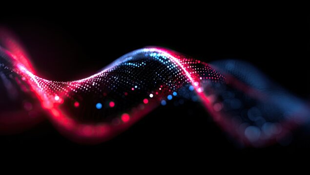 Abstract glowing digital wave of red and blue light particles against black
