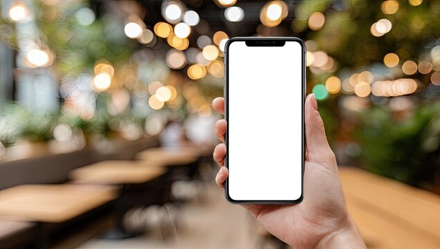 Hand holding a smartphone with a blank screen in a softly lit cafe