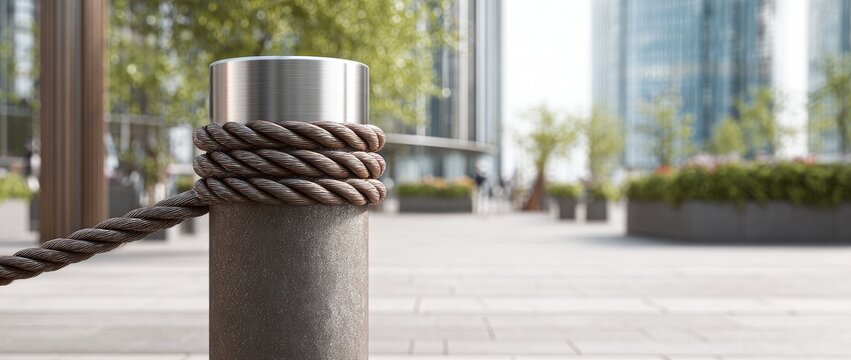 Thick rope coils around a metal post in a modern urban landscape setting