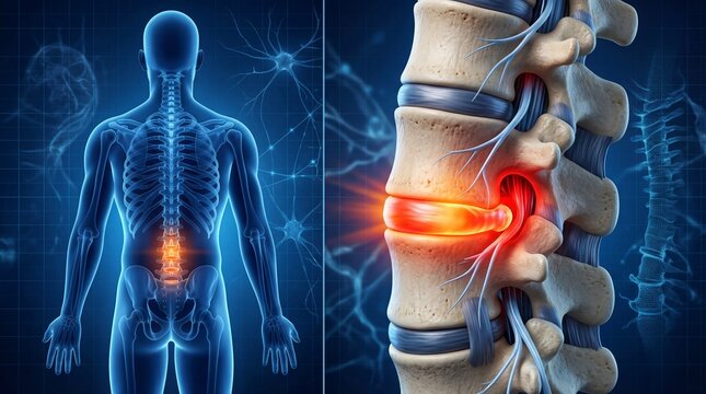 Spine Pain Backache and Disc Herniation Anatomy Medical illustration.