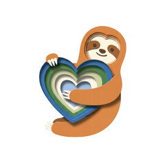 Fototapeta premium Paper cut sloth hugging layered heart illustration