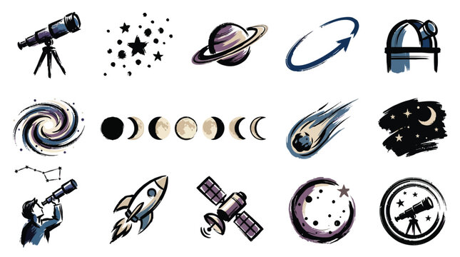A collection of hand-drawn watercolor illustrations depicting various astronomical objects and space exploration themes, including telescopes, planets, galaxies, and rockets.
