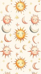 Fototapeta premium Artistic representation of celestial duality sun and moon personified with distinctive faces.