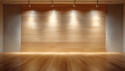 Fototapeta premium Empty gallery space with warm wood walls and polished wooden floor