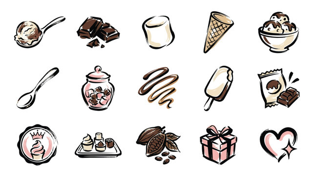 A collection of hand-drawn illustrations depicting various chocolate-themed desserts and ingredients, including ice cream, chocolate bars, marshmallows, and cocoa beans.