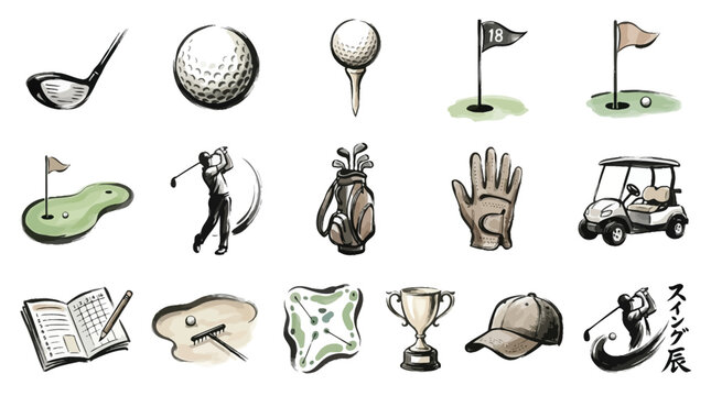 A collection of hand-drawn watercolor illustrations depicting various elements associated with the sport of golf, including equipment, players, and course features.