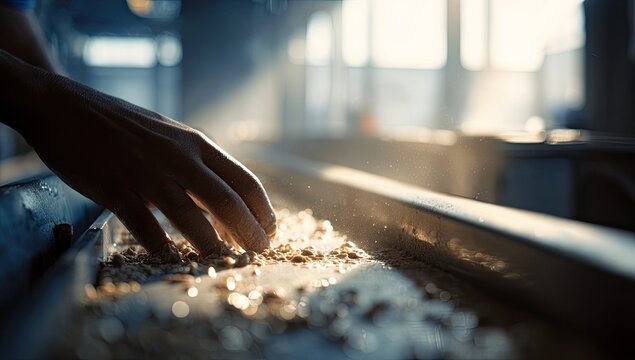 Hands sifting granular material in a bright, industrial setting
