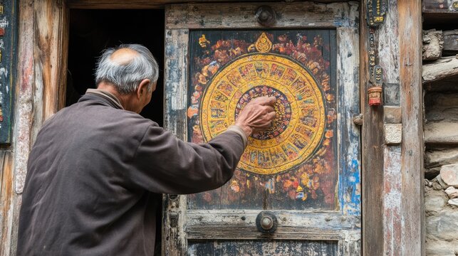 Elderly man interacting with painted door in ancient village
