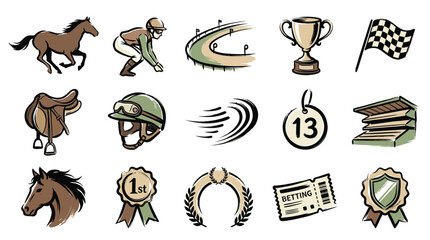 A collection of hand-drawn icons representing various elements associated with horse racing, including horses, jockeys, tracks, trophies, and betting tickets. © Renald