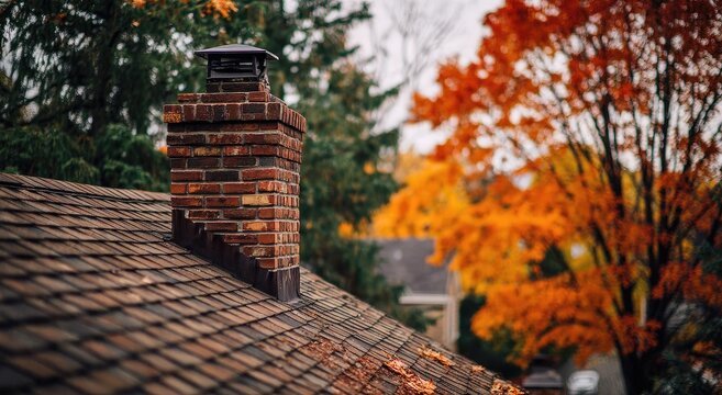 Autumn scene with a brick chimney on a shingled roof, fall foliage in background