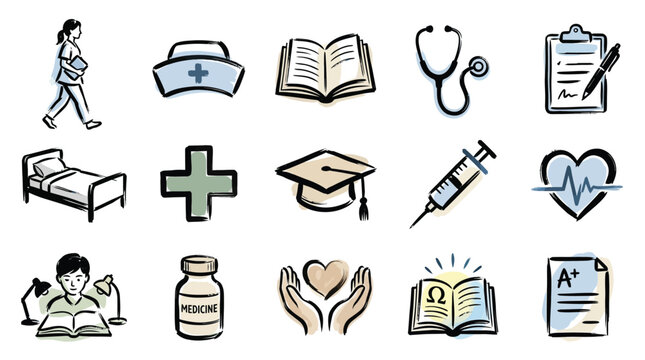 A collection of hand-drawn medical and educational icons, depicting healthcare professionals, learning, and medical equipment.