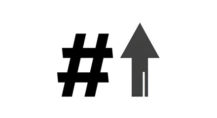 Obraz premium Minimalist hashtag symbol next to upward pointing arrow icon representing social media growth trend and digital marketing success conceptual graphics isolated on a clean solid white background surface